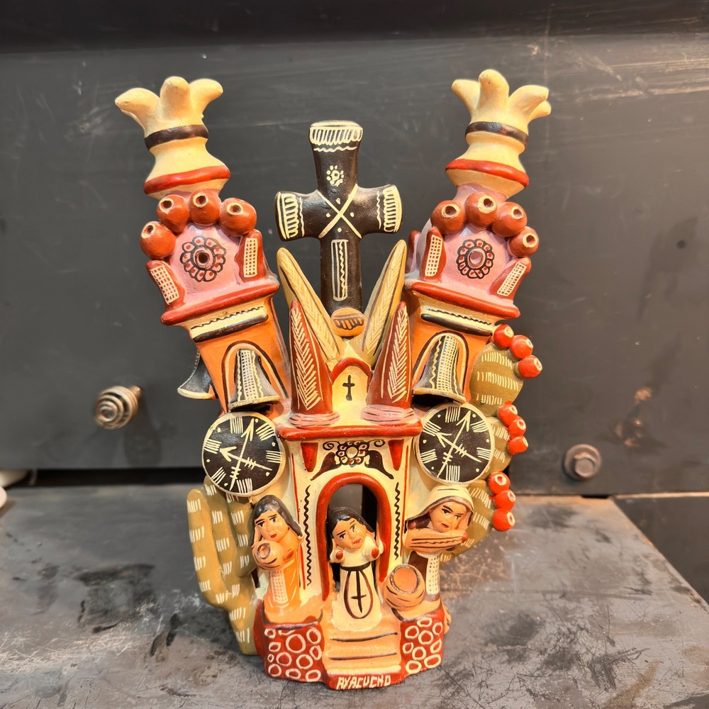 Ayacucho Peru Folk Art Church Pottery Vintage Terracotta Multicolor Hand-Painted